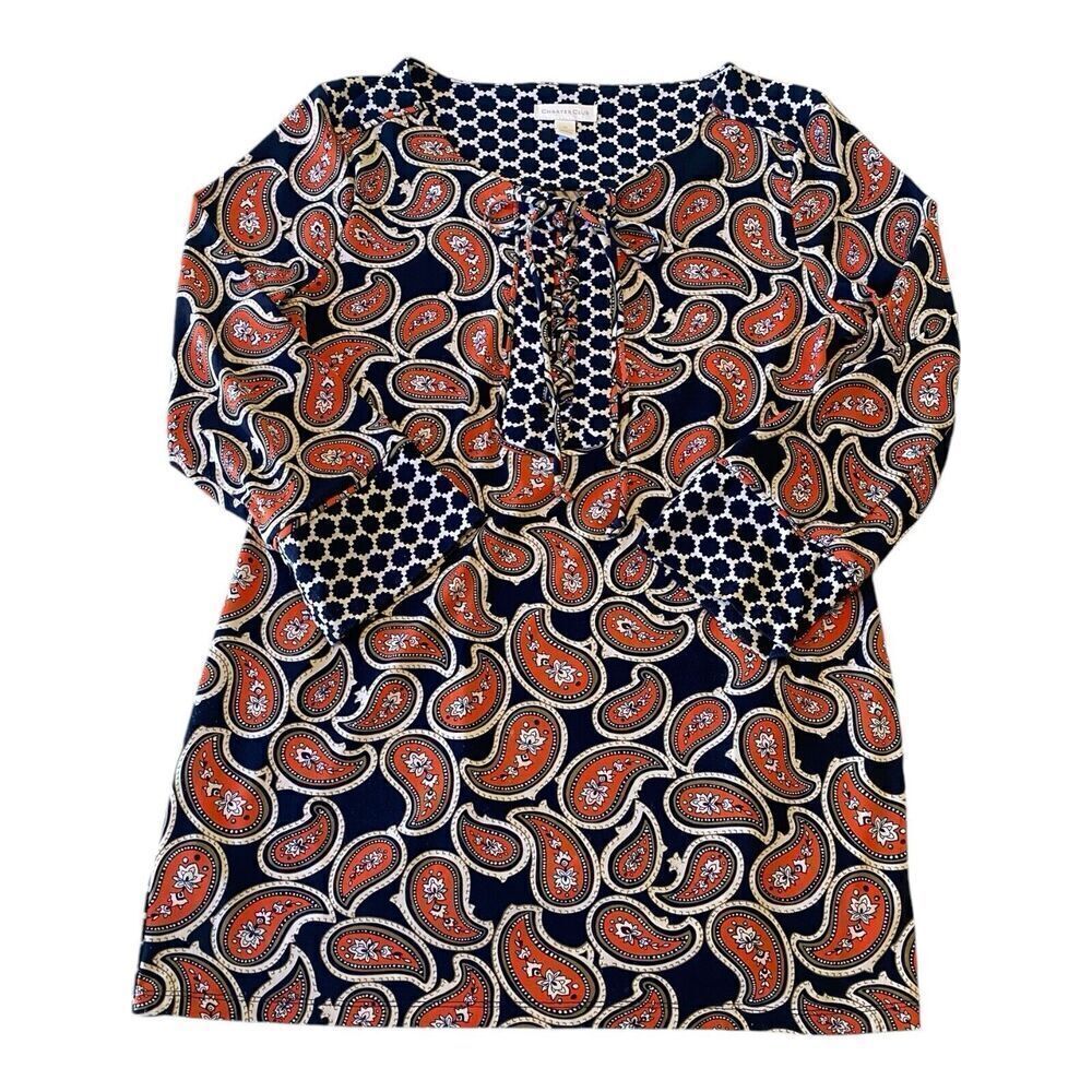 Charter Club Tunic Top Women's Medium Blue Floral Paisley 3/4 Sleeve - Picture 3 of 8